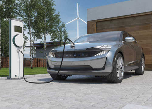 Electric car charging at station with wind turbines